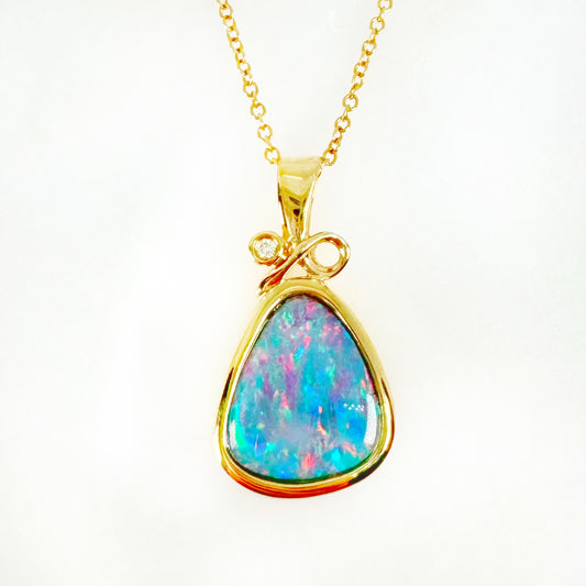 14K Yellow Gold Freeform Doublet Opal - Free Form Pendant with Diamonds