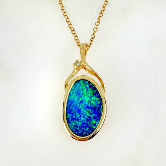 14K Yellow Gold Freeform Doublet Opal - Free Form Pendant with Diamonds