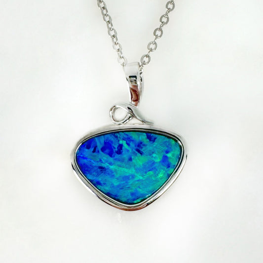 14K White Gold Freeform Doublet Opal - Free Form Pendant