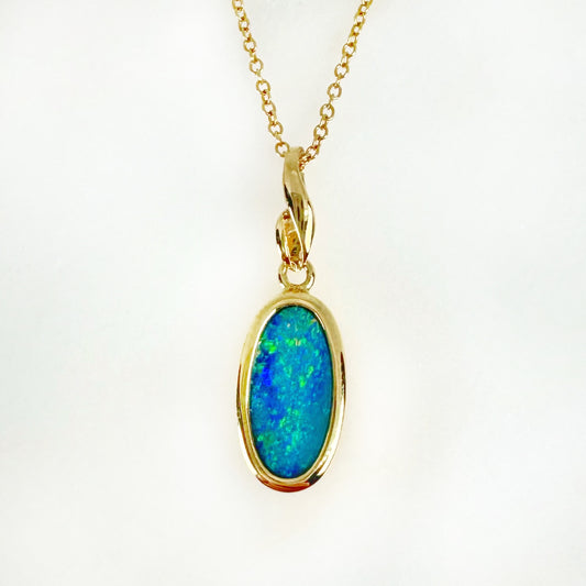 14K Yellow Gold oval Doublet Opal - Free Form Pendant