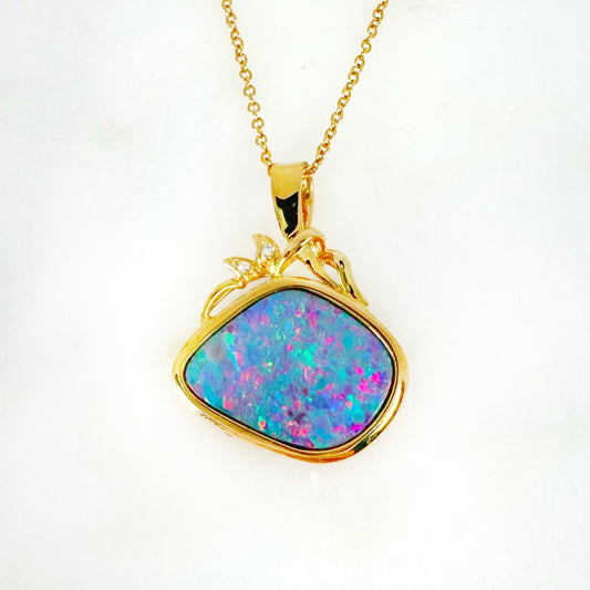 14K Yellow Gold Freeform Doublet Opal - Free Form Pendant with Diamonds