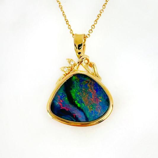 14K Yellow Gold Freeform Doublet Opal - Free Form Pendant with Diamonds