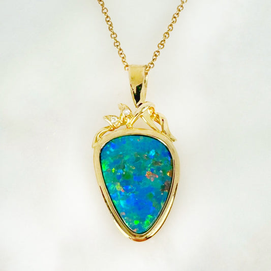 14K Yellow Gold Freeform Doublet Opal - Free Form Pendant with Diamonds