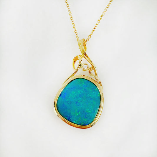 14K Yellow Gold cushion Doublet Opal - Free Form Pendant with Diamonds