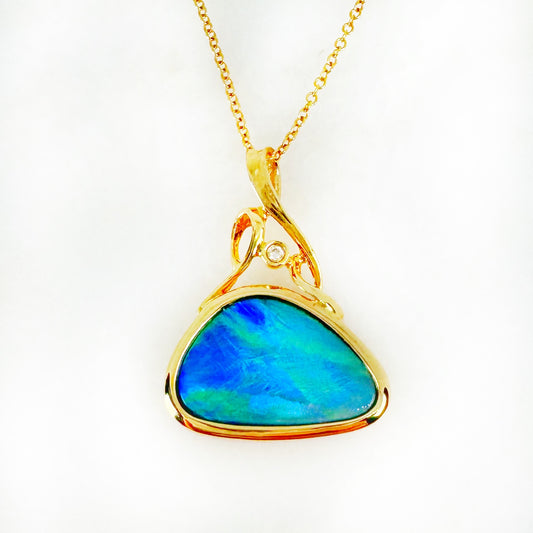 14K Yellow Gold Freeform Doublet Opal - Free Form Pendant with Diamonds