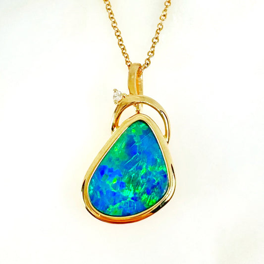 14K Yellow Gold Freeform Doublet Opal - Free Form Pendant with Diamonds