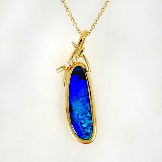 14K Yellow Gold Freeform Doublet Opal - Free Form Pendant with Diamonds