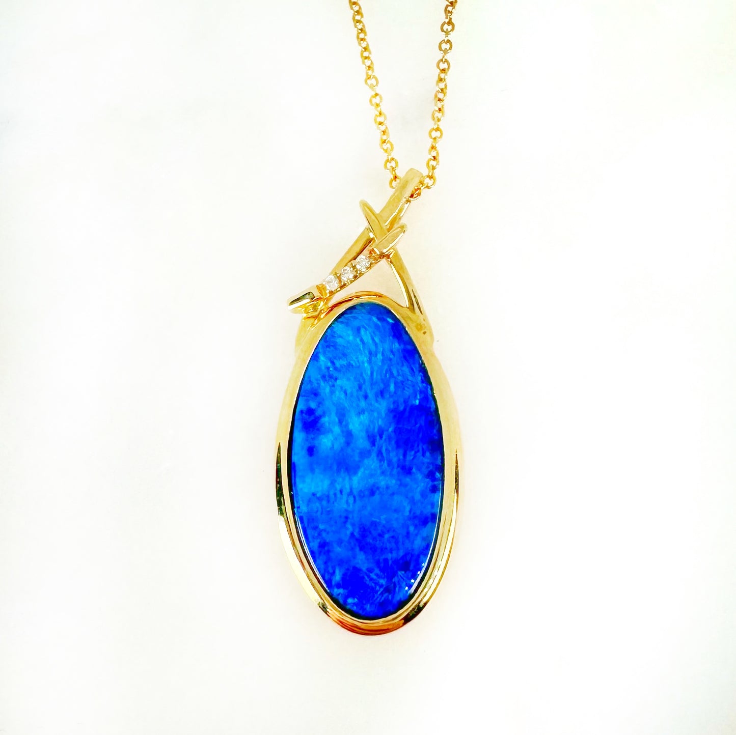 14K Yellow Gold oval Doublet Opal - Free Form Pendant with Diamonds