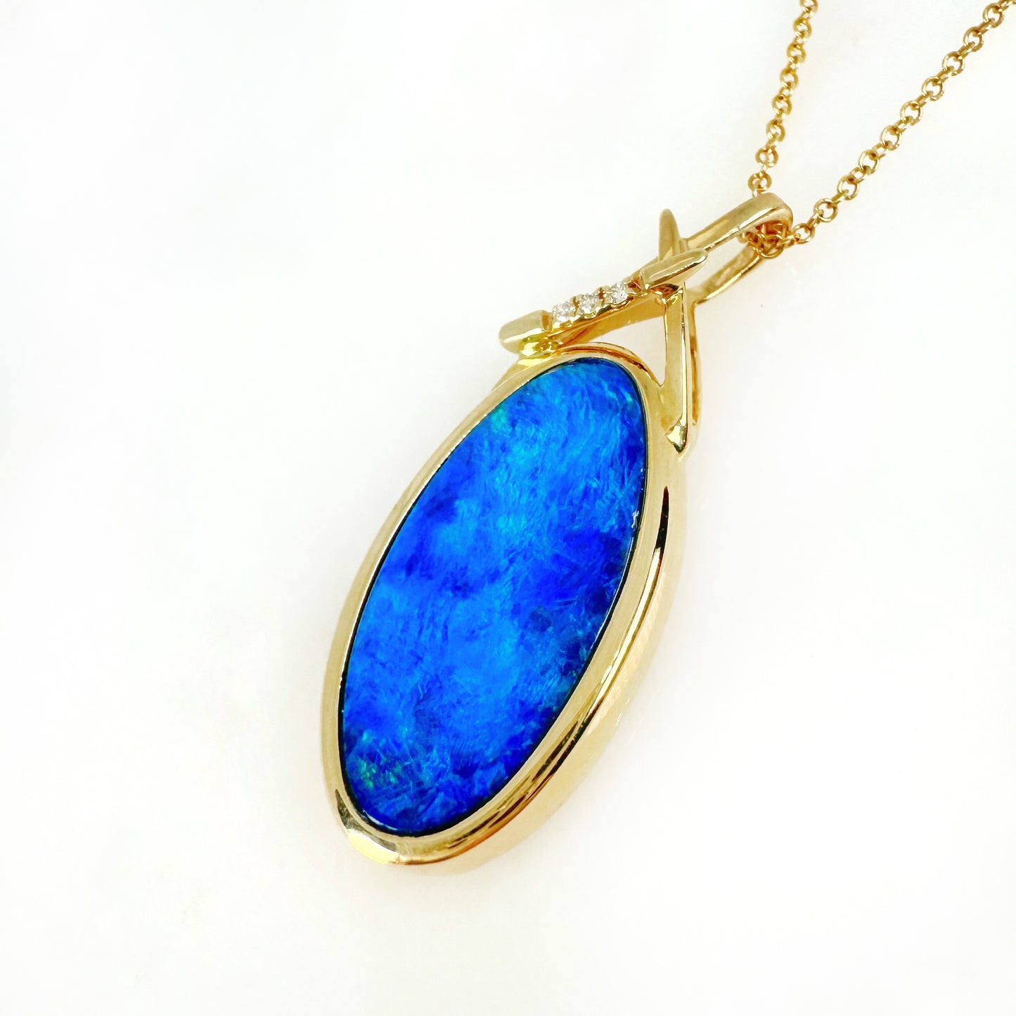 14K Yellow Gold oval Doublet Opal - Free Form Pendant with Diamonds