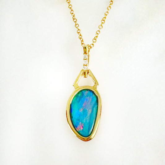 14K Yellow Gold Freeform Doublet Opal - Free Form Pendant with Diamonds