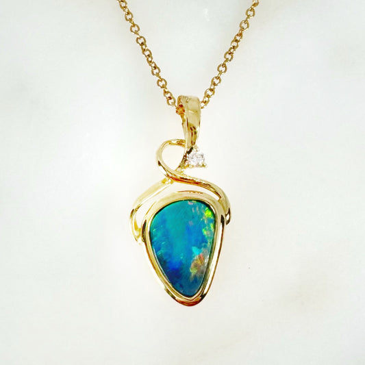 14K Yellow Gold Freeform Doublet Opal - Free Form Pendant with Diamonds