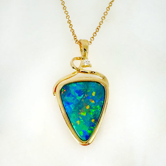 14K Yellow Gold Freeform Doublet Opal - Free Form Pendant with Diamonds