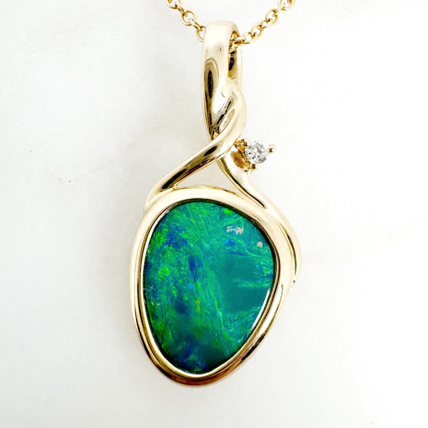 14K Yellow Gold Freeform Doublet Opal Pendant with Diamonds