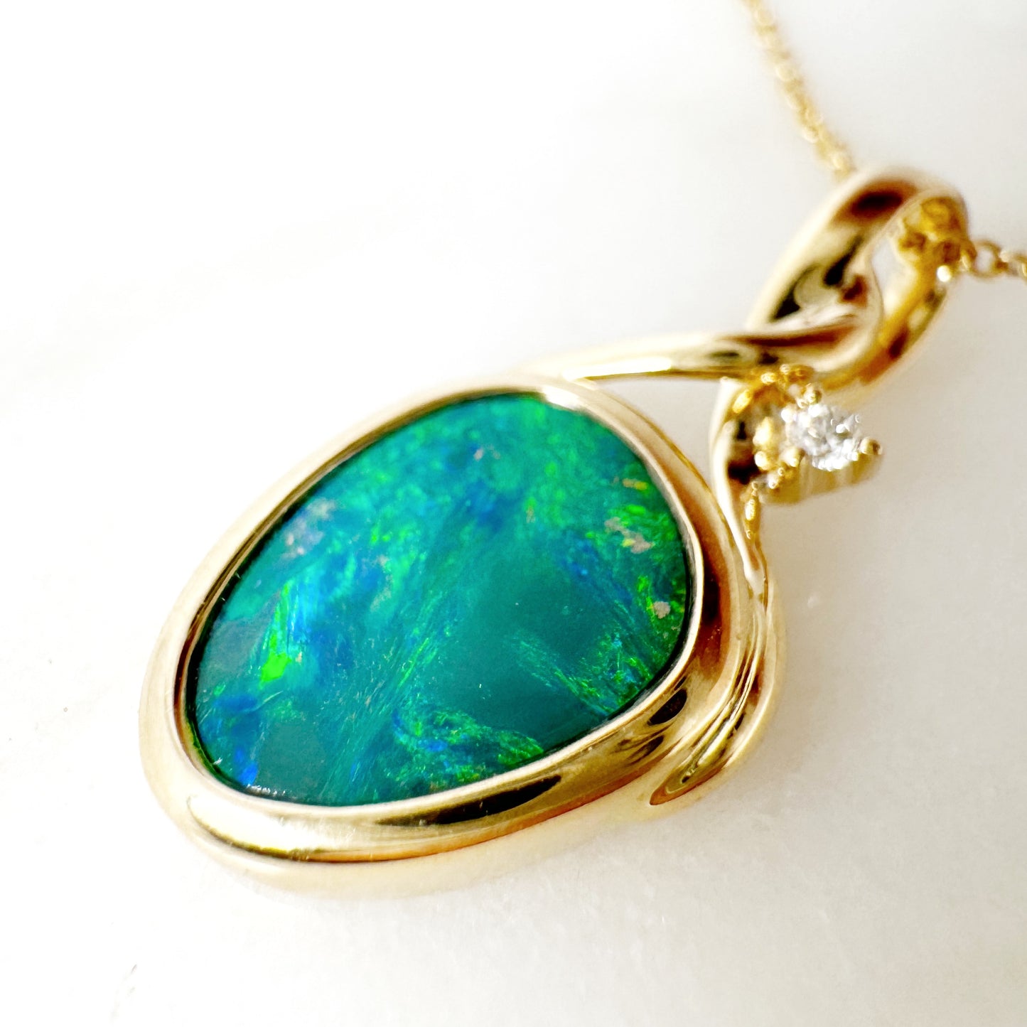 14K Yellow Gold Freeform Doublet Opal Pendant with Diamonds