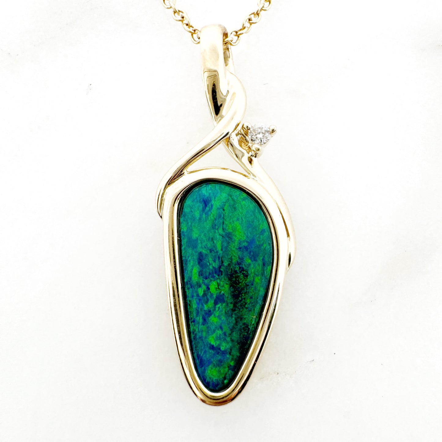 14K Yellow Gold Freeform Doublet Opal Pendant with Diamonds