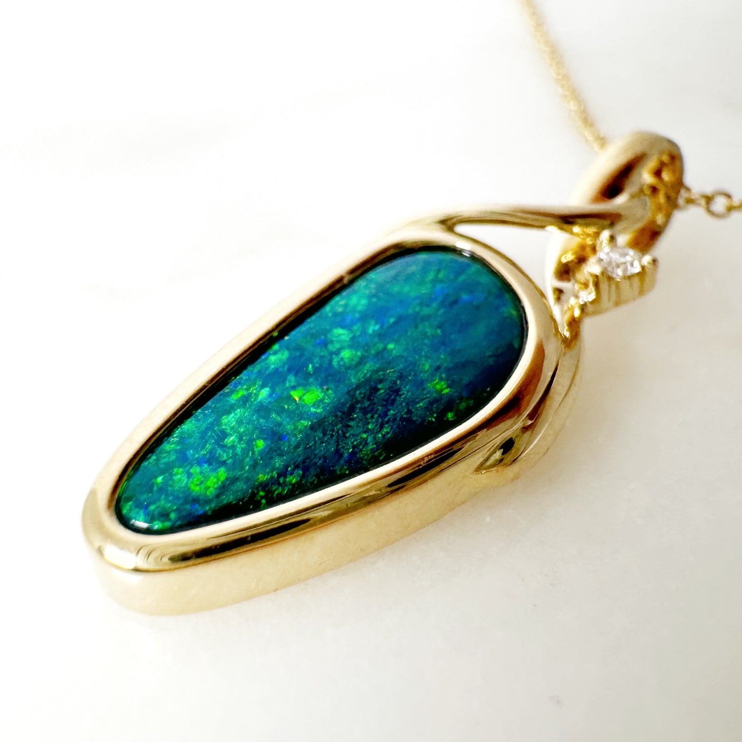 14K Yellow Gold Freeform Doublet Opal Pendant with Diamonds