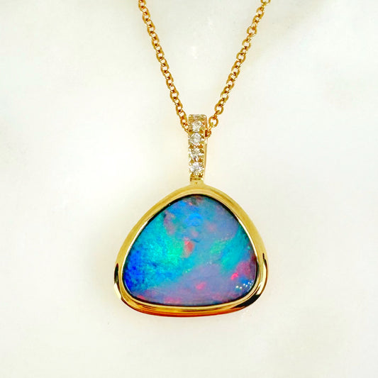 14K Yellow Gold Freeform Doublet Opal - Free Form Pendant with Diamonds