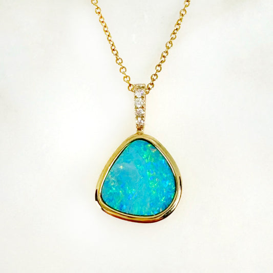 14K Yellow Gold Freeform Doublet Opal - Free Form Pendant with Diamonds