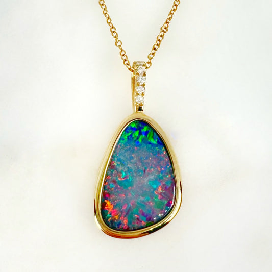 14K Yellow Gold Freeform Doublet Opal - Free Form Pendant with Diamonds