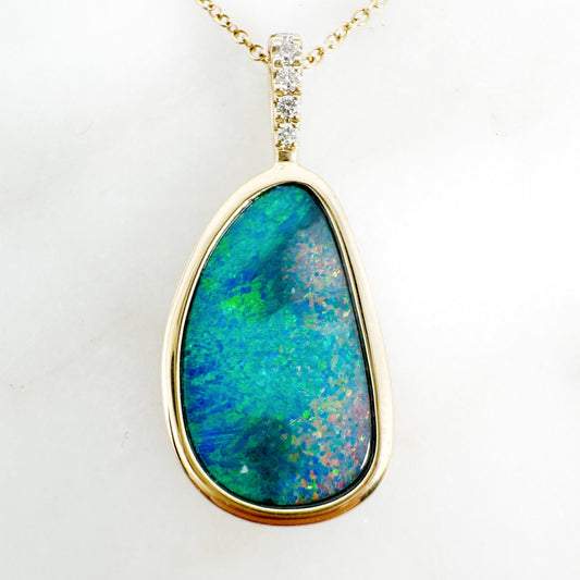 14K Yellow Gold Freeform Doublet Opal Pendant with Diamonds