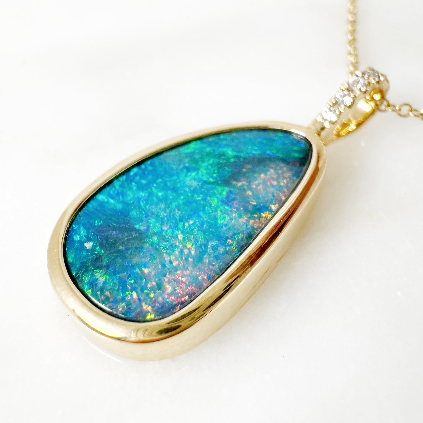 14K Yellow Gold Freeform Doublet Opal Pendant with Diamonds