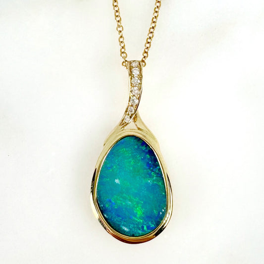 14K Yellow Gold Freeform Doublet Opal - Free Form Pendant with Diamonds