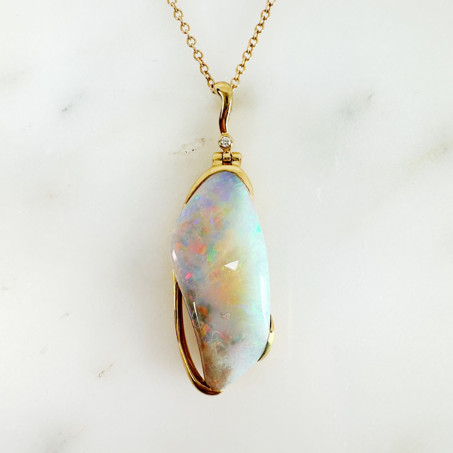 18K Yellow Gold Freeform Solid White Opal Pendant with Diamonds