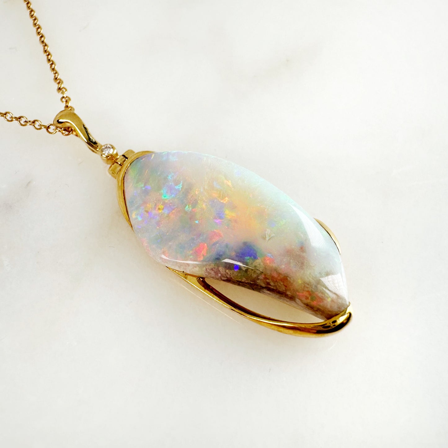 18K Yellow Gold Freeform Solid White Opal Pendant with Diamonds