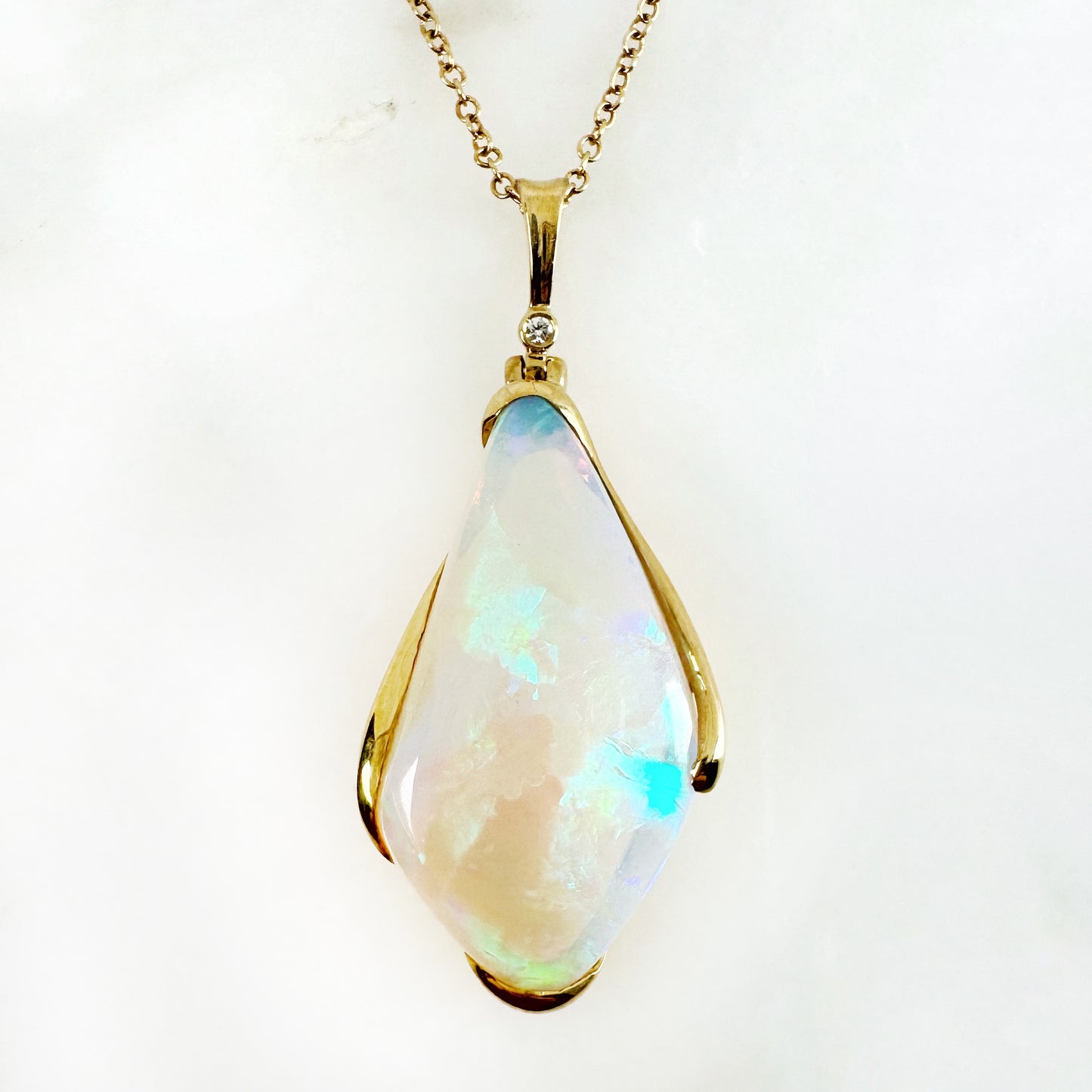 18K Yellow Gold Freeform Solid White Opal Pendant with Diamonds