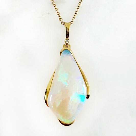 18K Yellow Gold Freeform Solid White Opal Pendant with Diamonds