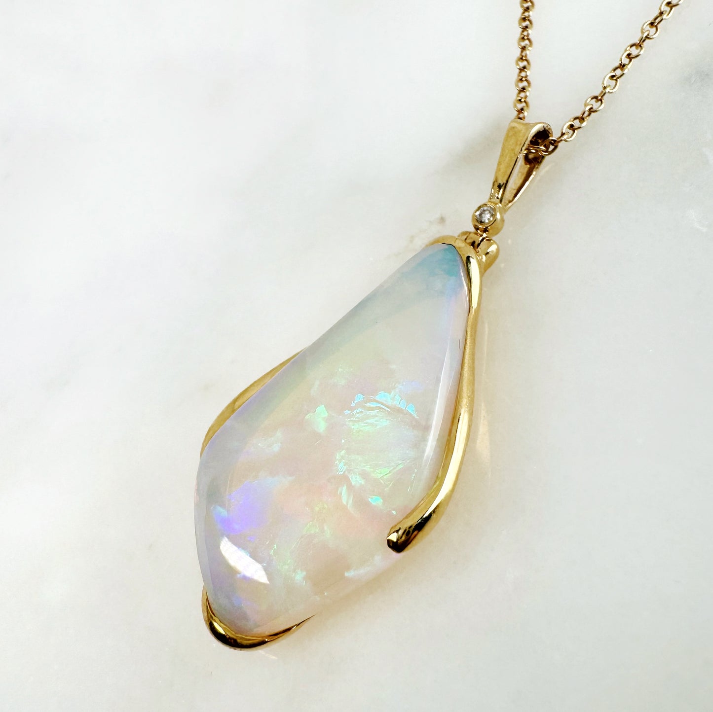 18K Yellow Gold Freeform Solid White Opal Pendant with Diamonds