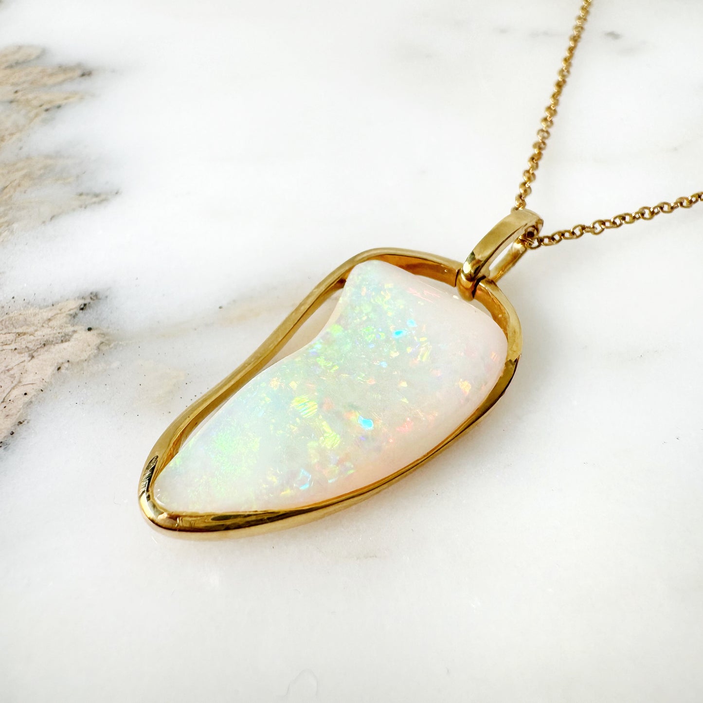 18K Yellow Gold Freeform Solid White Opal Pendant