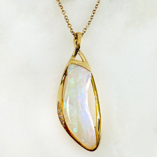 18K Yellow Gold Freeform Solid White Opal Pendant with Diamonds