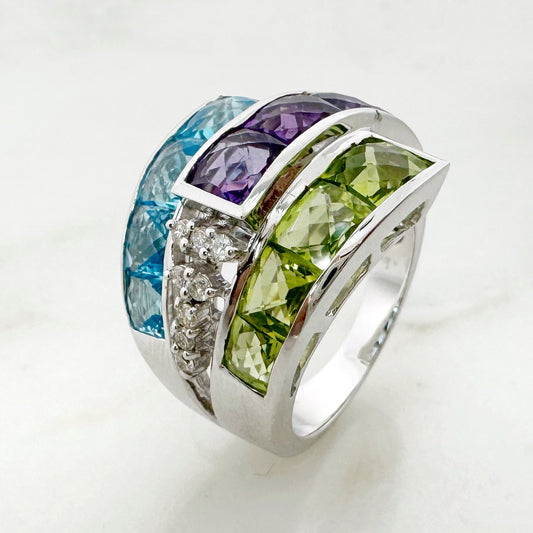 18K White Gold Freeform Multi Stone Ring with Diamonds