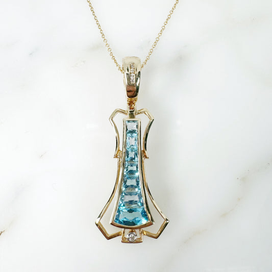 14k Yellow Gold Swiss Blue Topaz Pendant with Diamonds