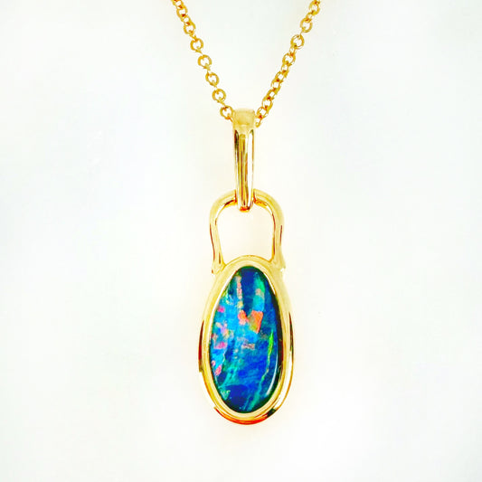 14K Yellow Gold oval Doublet Opal - Free Form Pendant