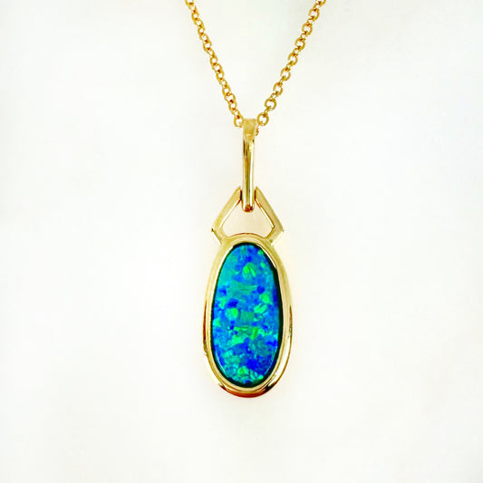 14K Yellow Gold oval Doublet Opal - Free Form Pendant