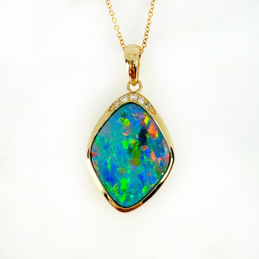 14K Yellow Gold Freeform Doublet Opal Pendant with Diamonds