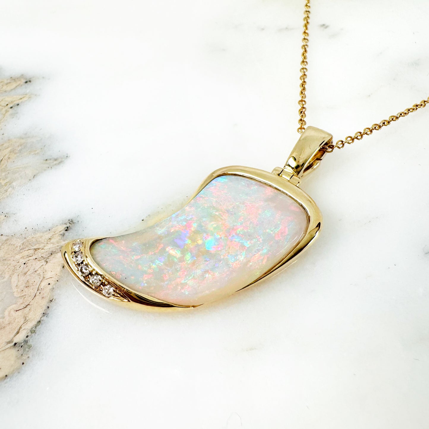 18K Yellow Gold Freeform Solid White Opal Pendant with Diamonds