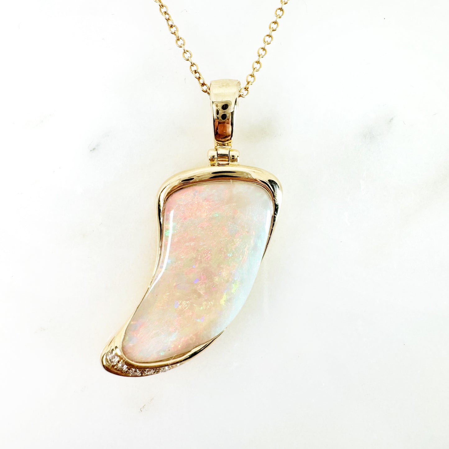 18K Yellow Gold Freeform Solid White Opal Pendant with Diamonds