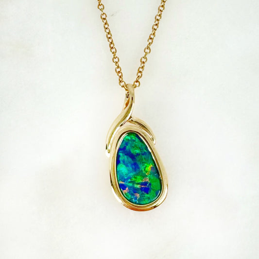 14K Yellow Gold Freeform Doublet Opal Pendant