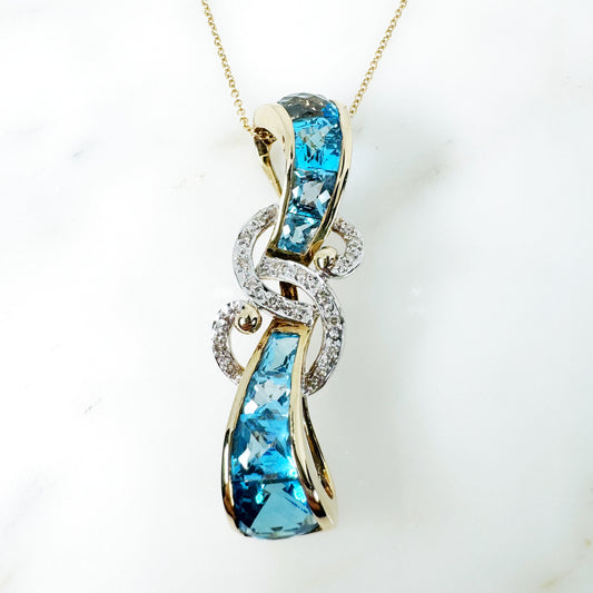 14k Yellow Gold Swiss Blue Topaz Pendant with Diamonds