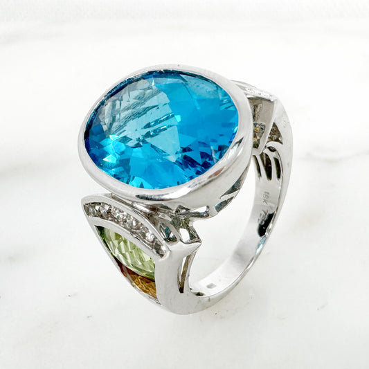 18K White Gold Oval & Freeform  Blue Topaz Ring with Diamonds