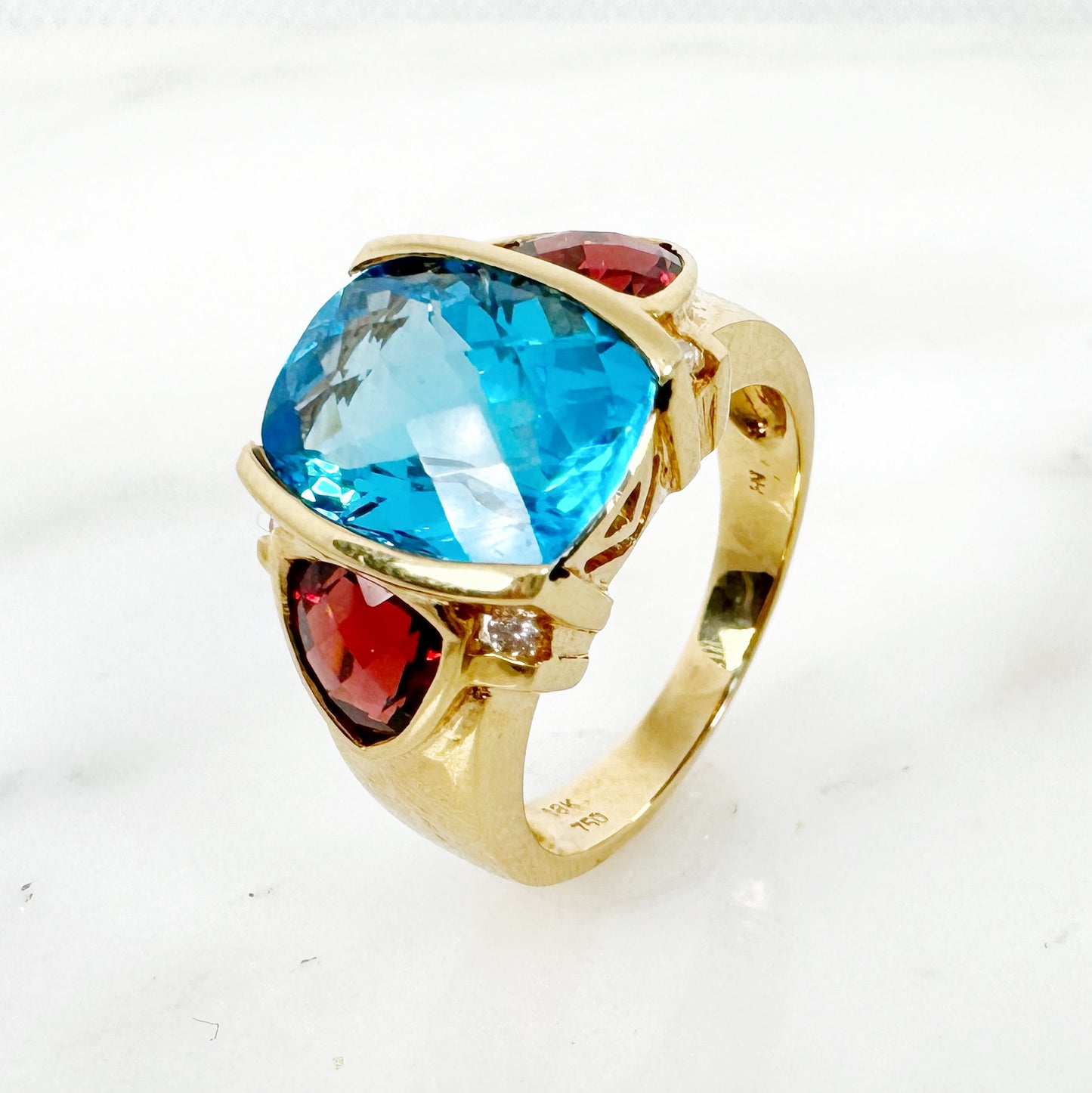 18K Yellow Gold Oval & Freeform  Blue Topaz Ring with Diamonds