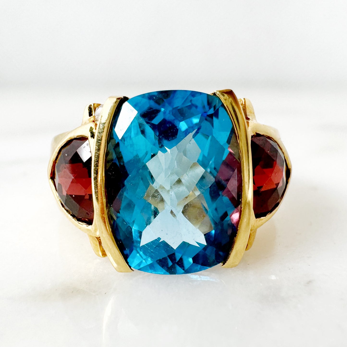 18K Yellow Gold Oval & Freeform  Blue Topaz Ring with Diamonds