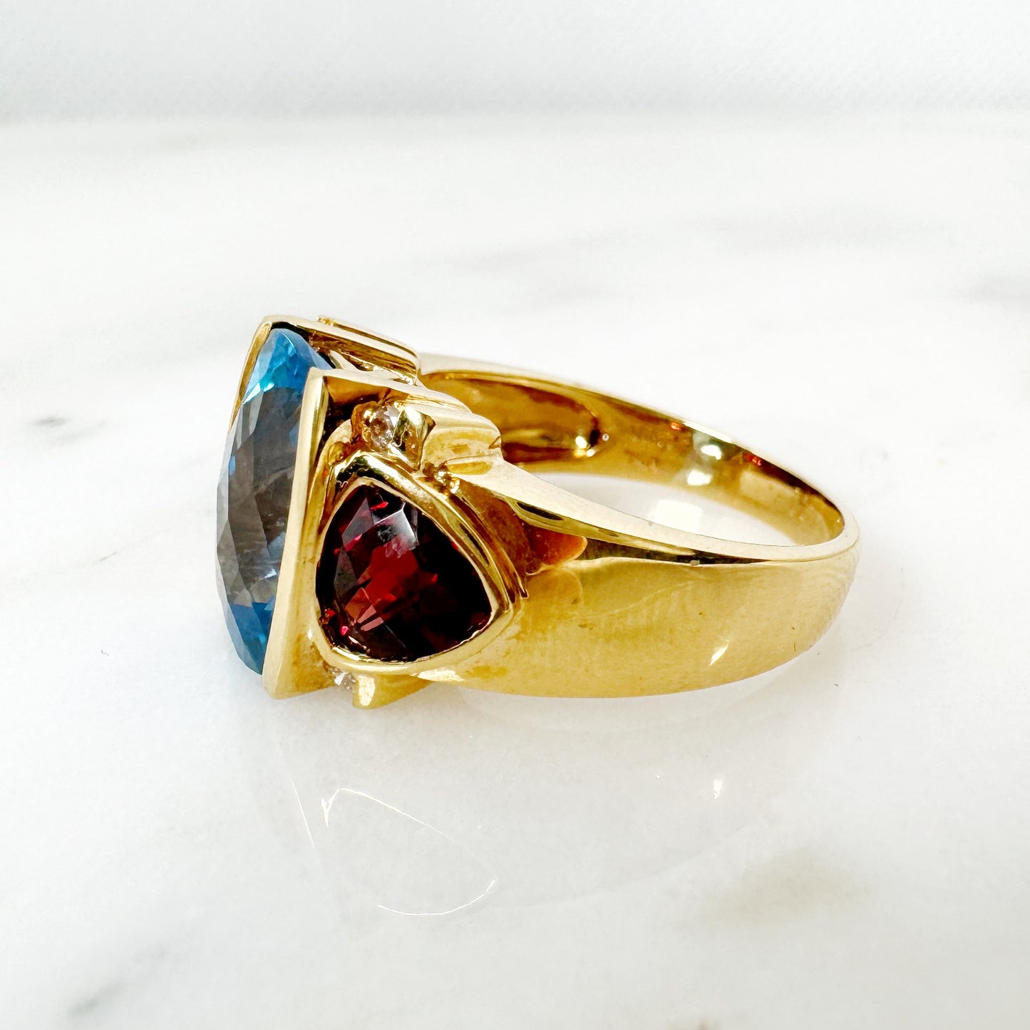 18K Yellow Gold Oval & Freeform  Blue Topaz Ring with Diamonds