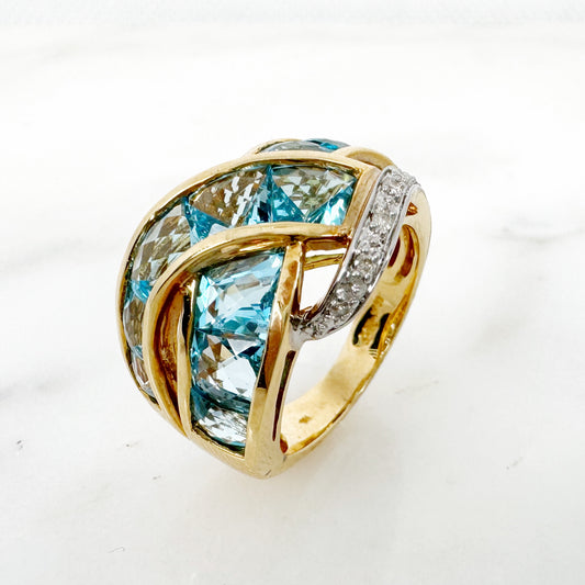 18K Yellow Gold Freeform Blue Topaz Ring with Diamonds