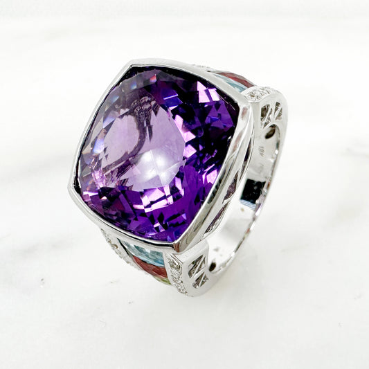 18K White Gold Cushion & Freeform  Multi-Gems Ring with Diamonds