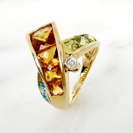 18K Yellow Gold Freeform Multi-Gems Ring with Diamonds