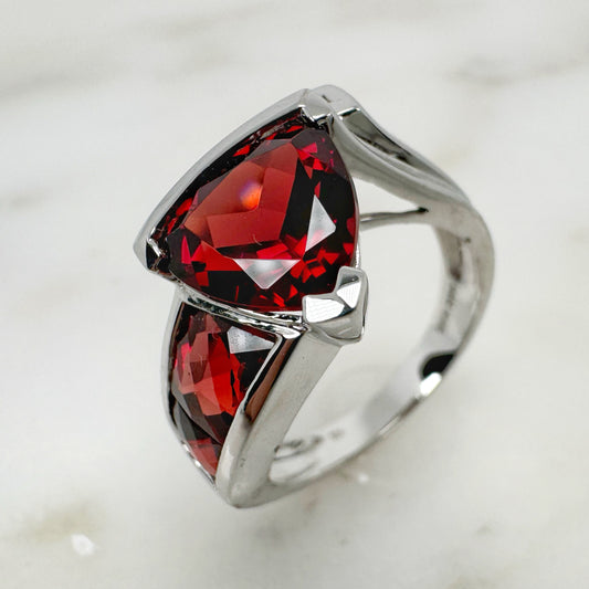 14K White Gold Triangle & freeform Garnet Ring with Diamonds